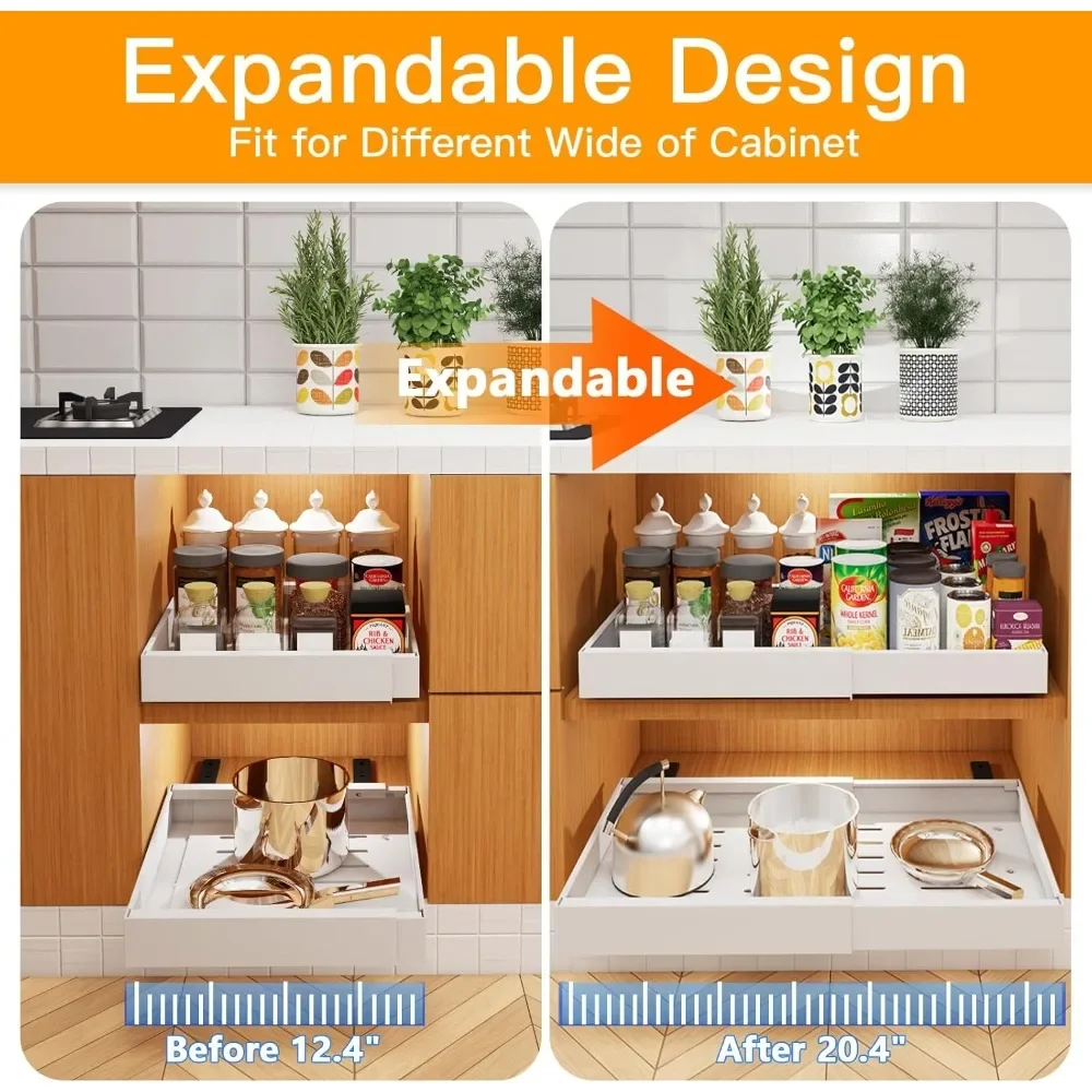 

2 Pack Expandable Pull Out Cabinet Organizer 21" Deep, Upgrade 3 Slide Rails Slide Out Drawers for Kitchen Cabinets