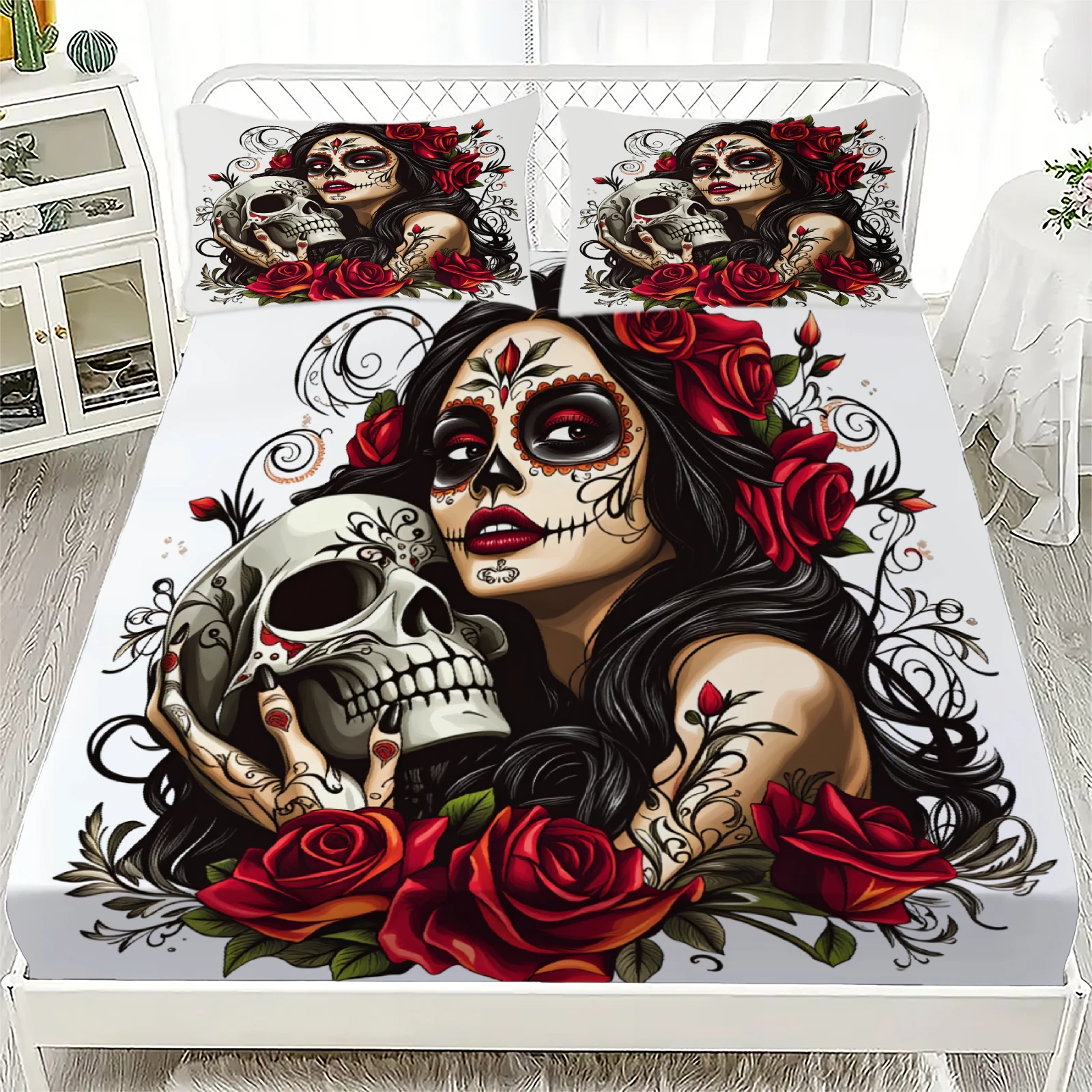 3pcs Sugar Skull Woman Fitted Set 3D Printed Day Of The Dead Flat Sheet Sets With Pillowcases No Filling  Retro Illustration
