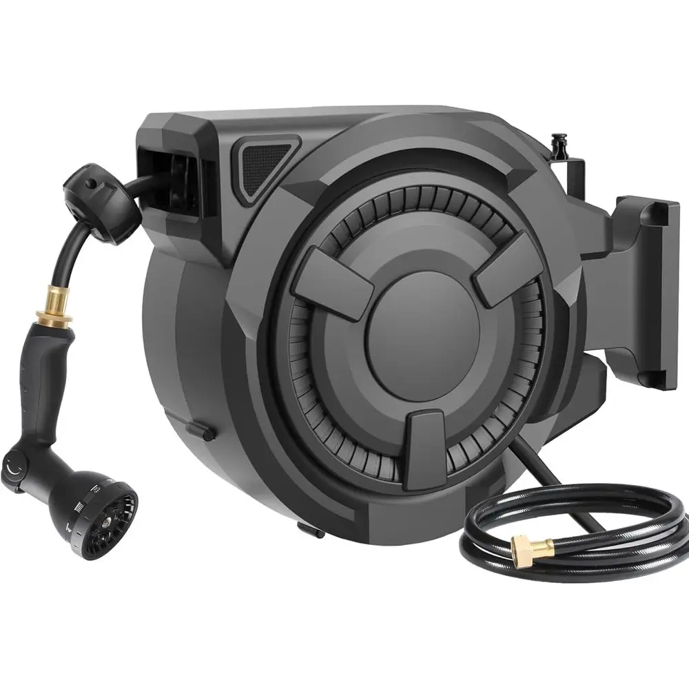 

Heavy-Duty 5/8 x 100ft Retractable Garden Hose with 10-Function Sprayer, Wall Mount, Slow Return, 180° Swivel, UV-Resistant Blac