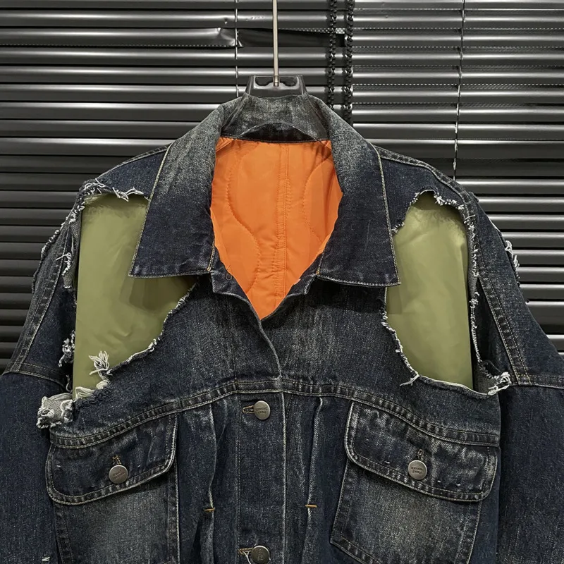 ANJY 겨울 새 여성 패딩 코트 디스트레스드 찢어진 데님 패치 워크 대비 색 가짜 투피스 streetwear 코튼 자켓 a9603