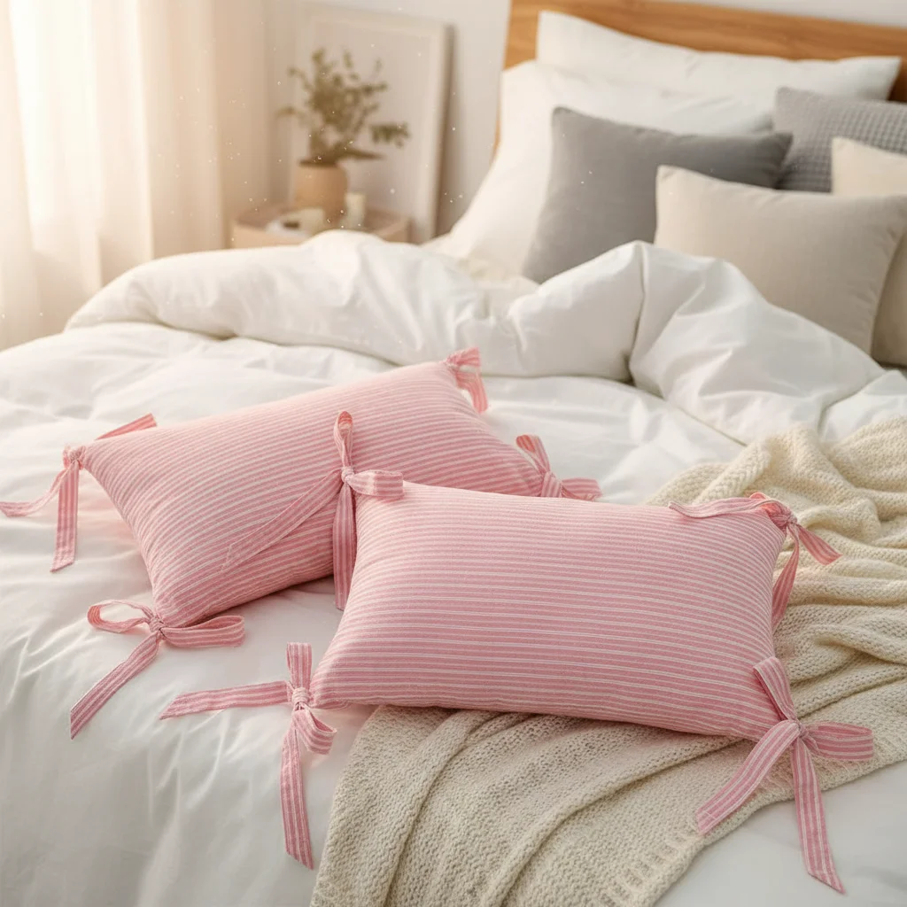 BUYNOW 1 Stück Farbig Gewebter Gestreifter Quadratischer Schleifenkissenbezug Koreanischer Stil Süßer Wohnzimmer-Sofakissenbezug Party Heim Schlafzimmer Deko – Detail 7