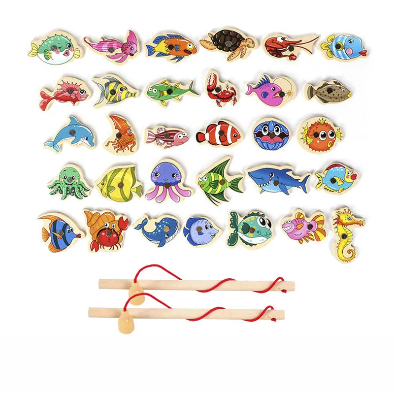 Montessori Wooden Fishing Toys For Children Magnetic Marine Life Cognition Fish Games Parent-Child Interactive Educational Toy