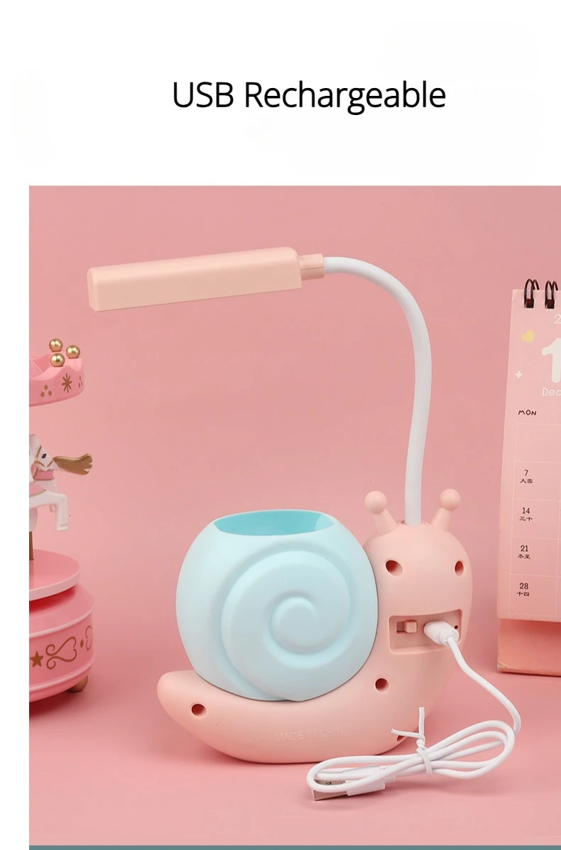 Multi-Functional LED Desk Lamp Student Learning with Pen Holder Night Light Snail Shape USB Rechargeable Bendable Cute Kids Lamp