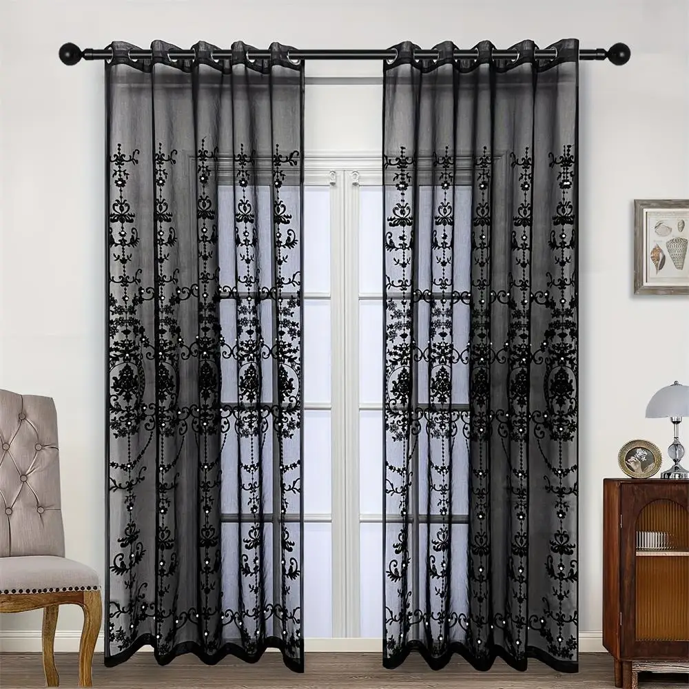Romantic Beaded Black Embroidered Tulle Curtain For Living Room Bedroom Light Filtering Window Drapes Voile Home Decoration