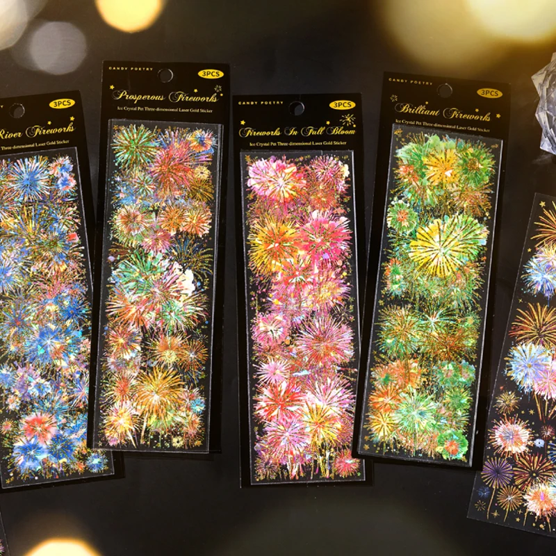 3Pcs/Bag Waterproof PET Material Stickers Holiday Celebration Firework Pattern Creative Greeting Card Cup Photo Frame Decoration