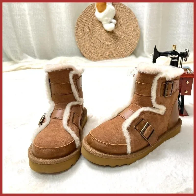 Motorcycle snow ground women boots made of pure sheepskin and wool with thick insulation versatile and fashionable women's boots