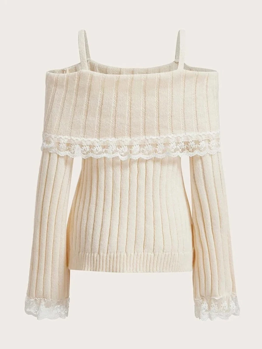 Women Long Sleeve Contrast Lace Knit Pullovers Autumn Winter Cold Shoulder Sweaters Bow Front Jumper Tops Beige/Pink