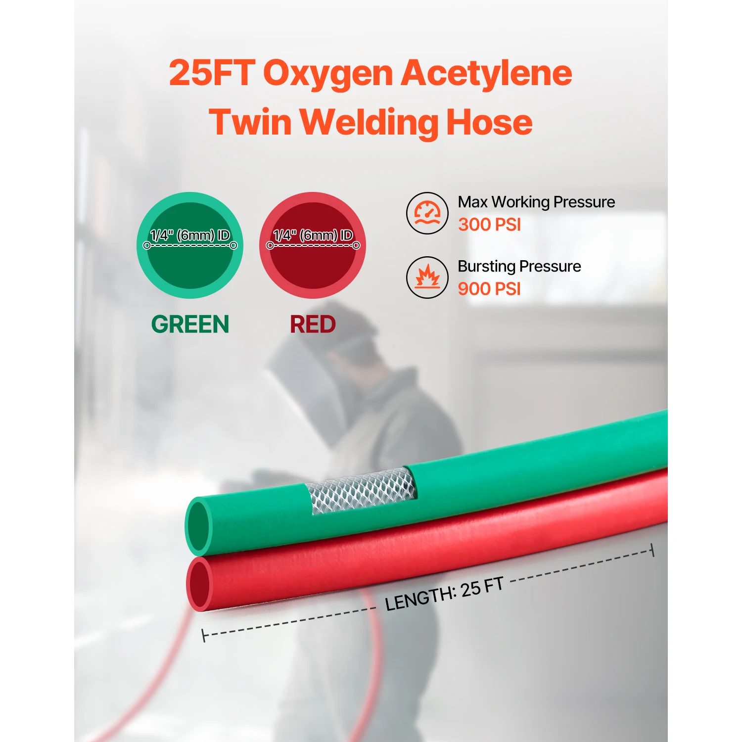 SucceBuy Oxygen Acetylene Hose Oxy Acetylene Hose w/ LH/RH B Fittings R Grade Welding Torch Twin Hose w/ 300PSI Working Pressure