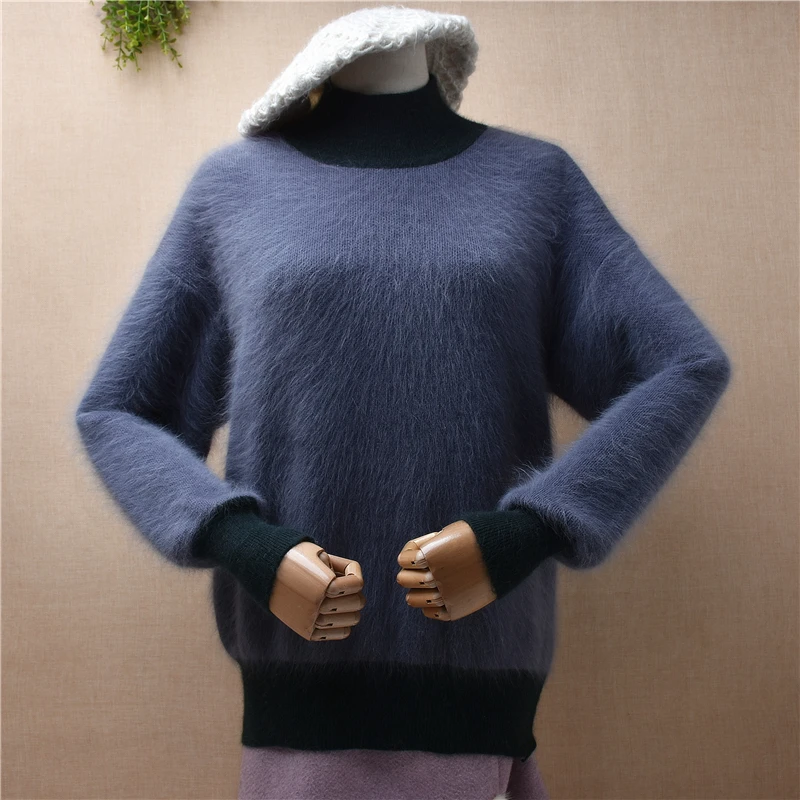 Panie kobiety moda kolorowe owłosione Angora sierść królika dzianiny sweter z golfem bluzki Slim sweter Jumper Pull topy