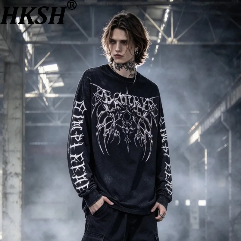HKSH Spring Autumn New Men Tide Chic Ins Dark Thorn Print Long-Sleeve T-shirt Loose Metal Band Rock Vibe High Street Y2K HK28871
