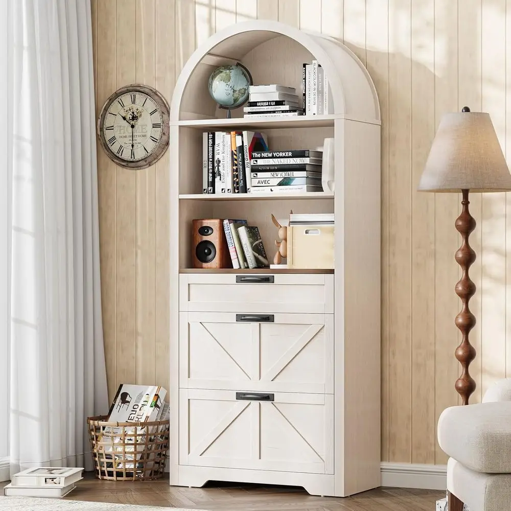 

Rustic White 71 Tall 3-Tier Arched Bookshelf with Cabinet, Large Wooden Display Shelves for Home or Office