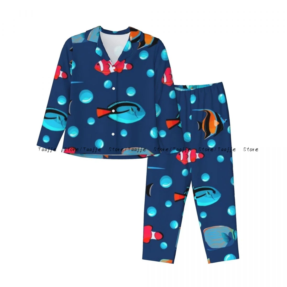 Fish Underwater With Bubbles Womens Pajamas Loungewear Two-piece Sleepwear Button-Down Full Sleeve Long Pajamas Set