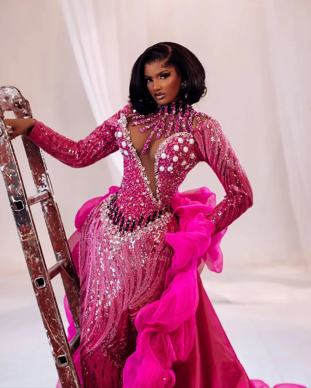 Abiti da sera con perline illusione Gonna oversize rimovibile con paillettes Abiti formali in organza Abito da ballo rosa taglie forti Maniche lunghe