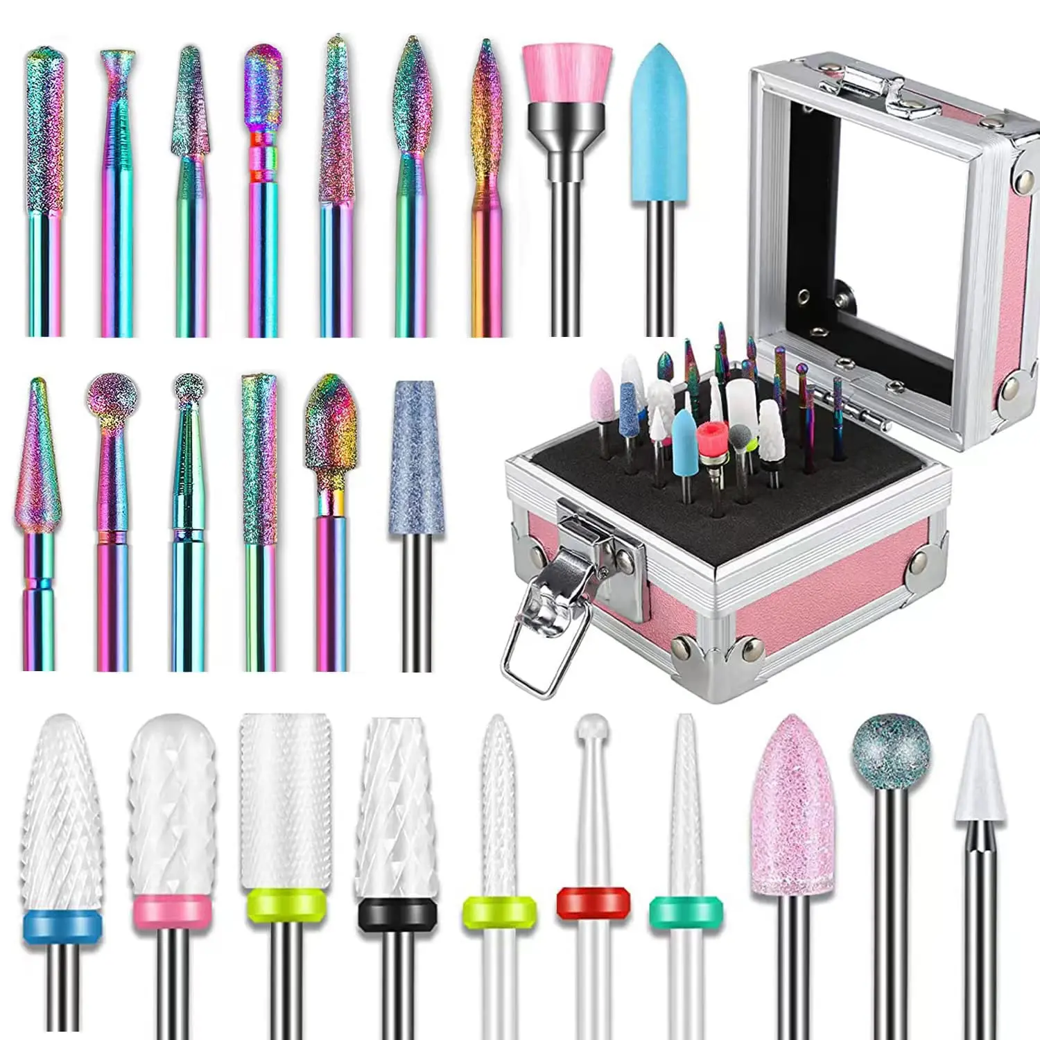 

25Pcs Nail Drill Bits Set with Portable Pink Box Ceramic Diamond Carbide Cuticle effile Remover bits