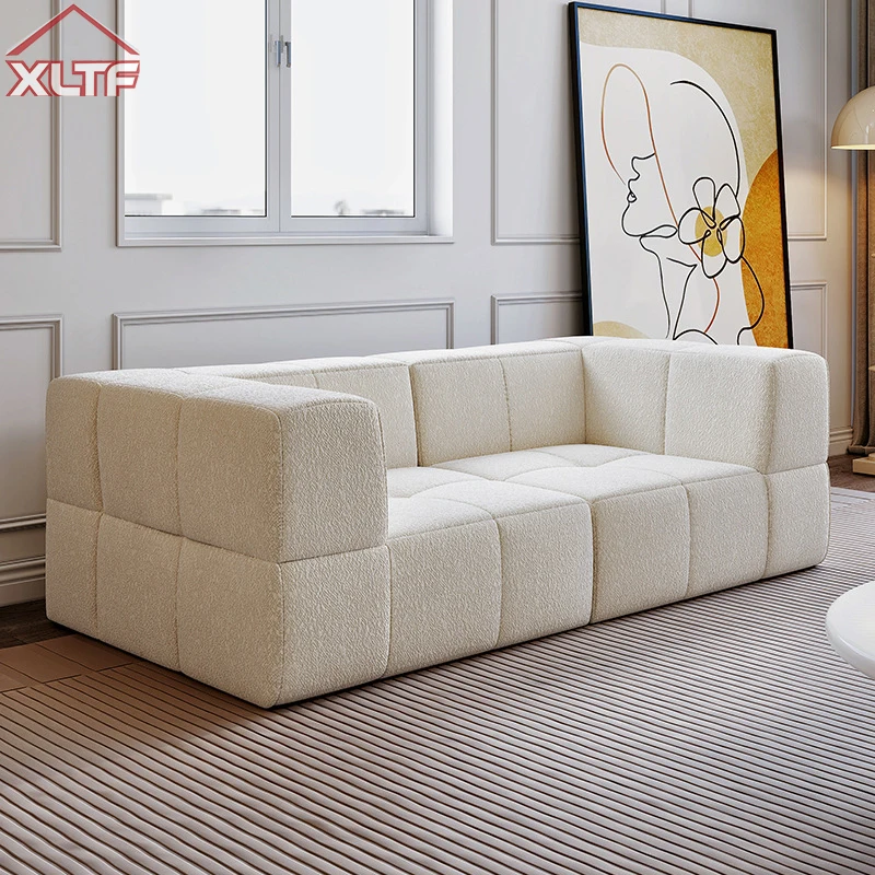 Home Living Room Cream Candy Fabric Two Seat Square Sofa with Sponge Filling Straight Row Lamb Fleece Vacuum Compression