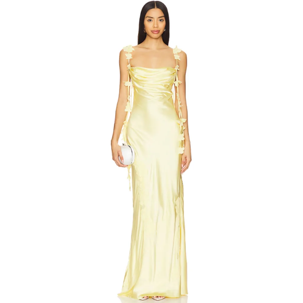 Elegant Pale Yellow Satin Women Butterfly Strap Maxi Dress Backless Slim Fit Formal Party Dates Evening Dress