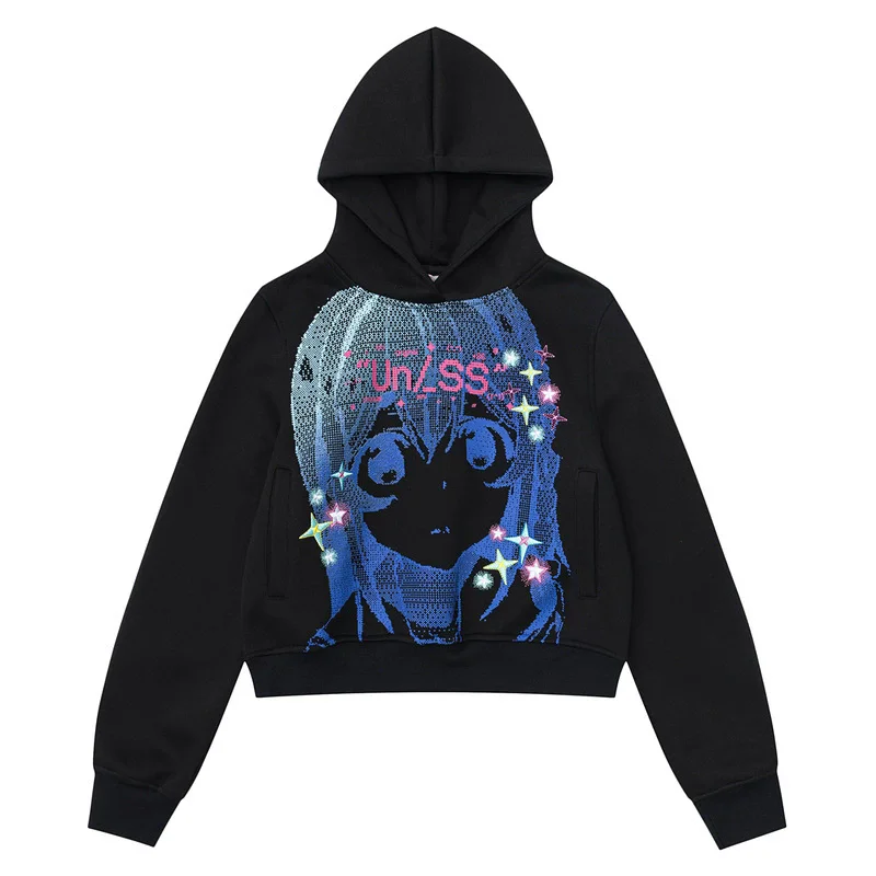 Dames cartoon meisje print hoodie 2025, herfst streetwear trui cropped sweatshirt, casual korte tops met capuchon