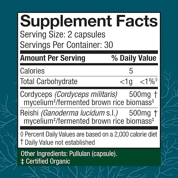 Cápsulas CordyChi, suplemento de micelio en forma de seta que contiene Cordyceps sinensis y Ganoderma lucidum, sin olor, 60 cápsulas