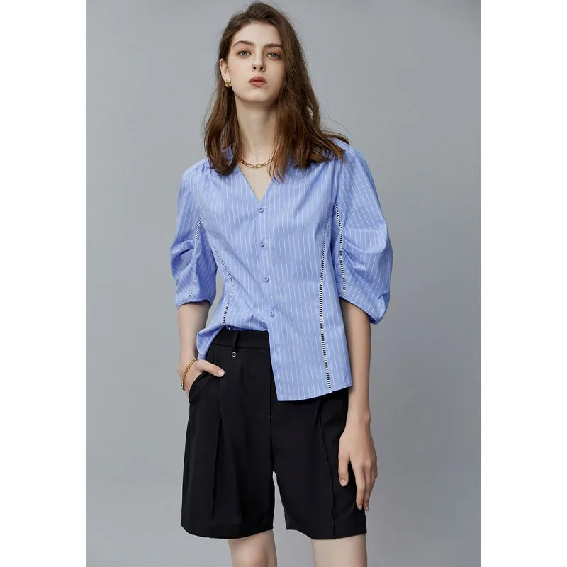 Ele Bubble Sve irt V-Ne Loose Versatile ort Sve Summer Thin Commute Anti-Aging Design Sense Top Women's Faion