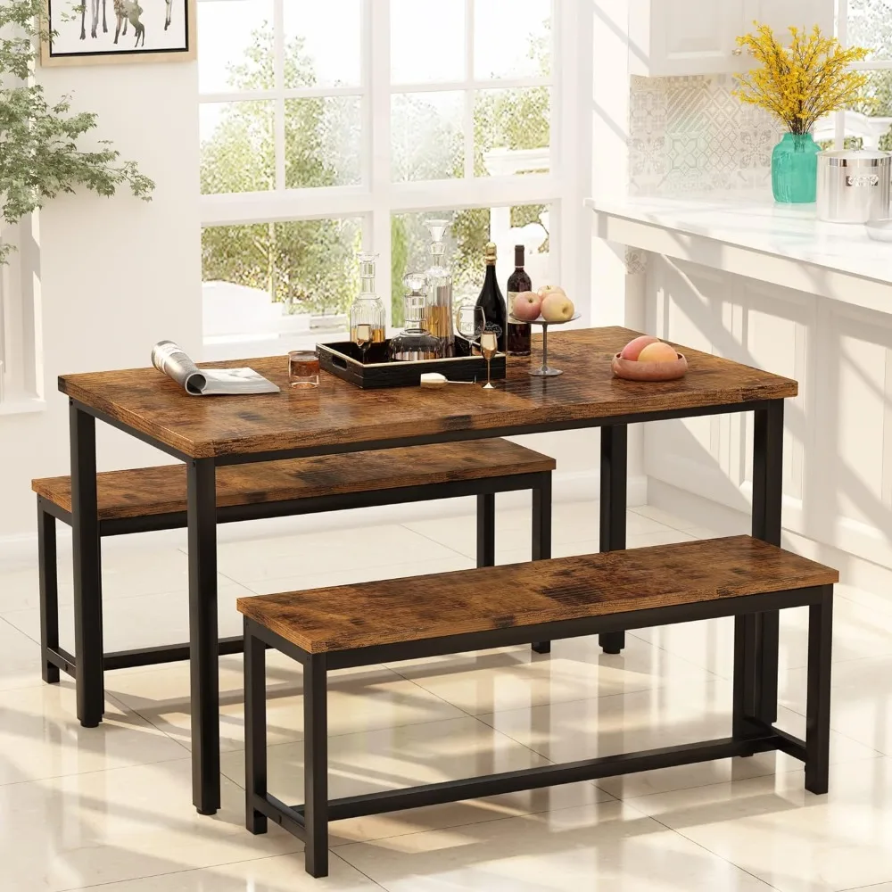 Dining Room Table Set, Kitchen Table Set with 2 Benches, Ideal for Home, Kitchen and Dining Room