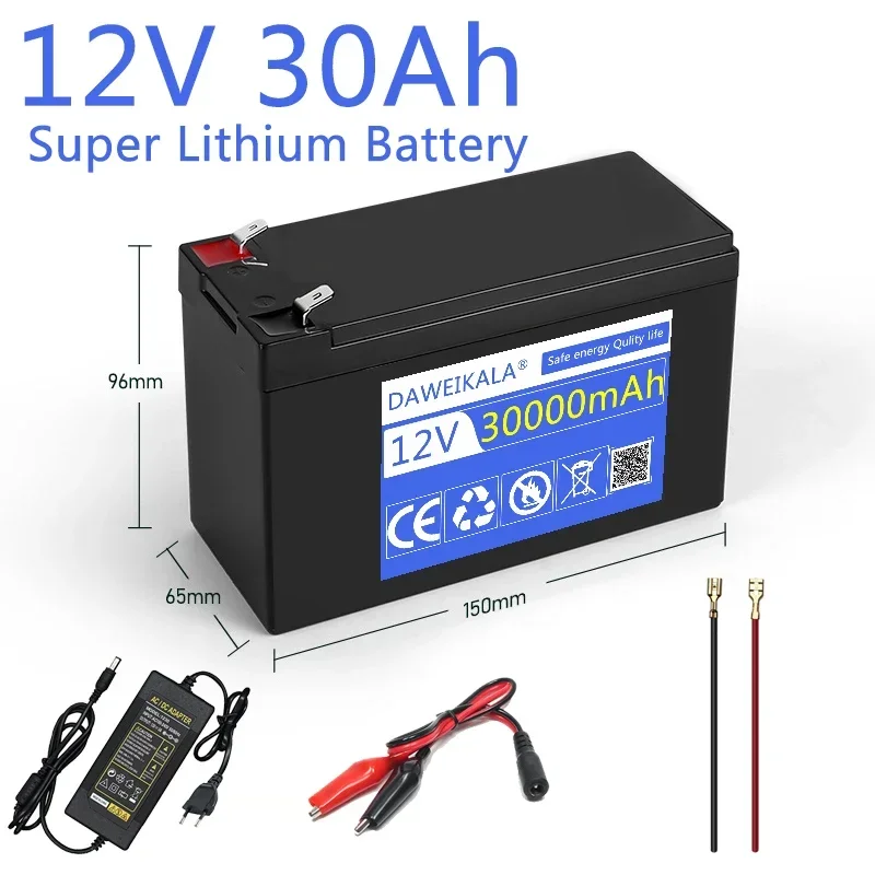 12V Battery 30Ah 18650 lithium battery pack 20A sprayer built-in high current BMS electric kid's car battery 12.6V 3A charger