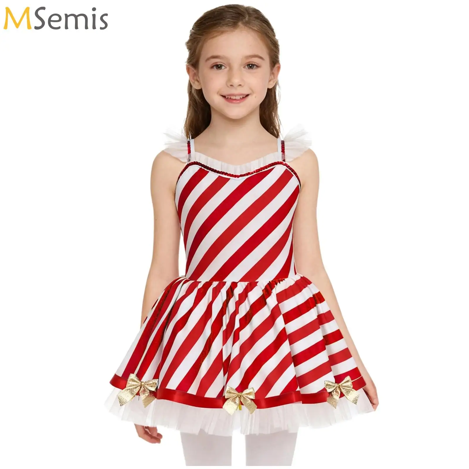 

Kids Girls Christmas Candy Cane Stripe Costumes Ballet Dance Dress Dancewear Roller Figure Ice Skating Stage Performance Clothes