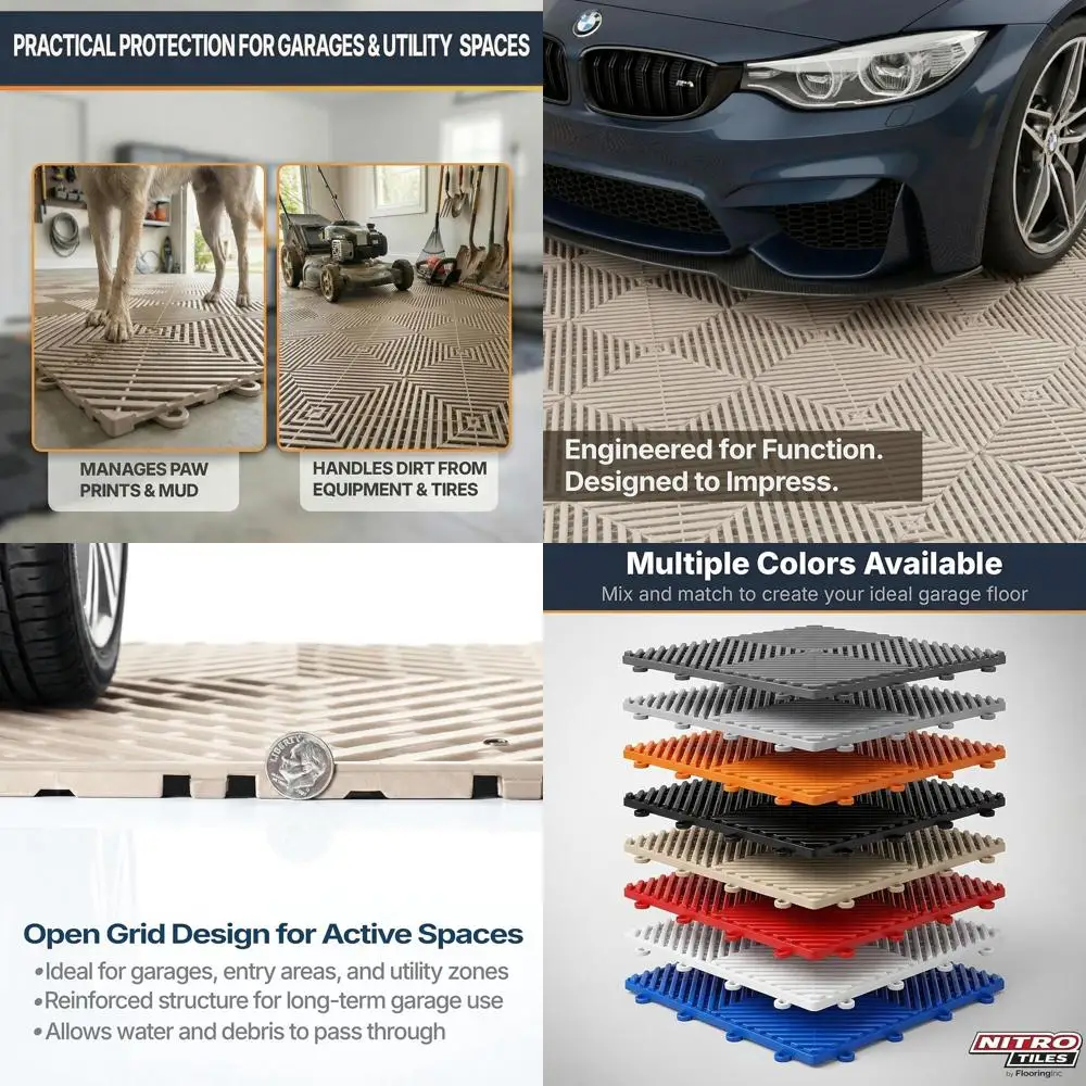 

12 x 12 Interlocking Garage Floor Tiles, Vented Design for Drainage, Suitable for Garages, Basements, and Wet Areas, Heavy-Duty