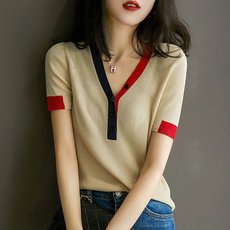 Camiseta de punto de seda de hielo Sle europea de alta gama ort Sve V-Ne, Top de verano ajustado a la moda para mujer, Guangzhou Thirte...