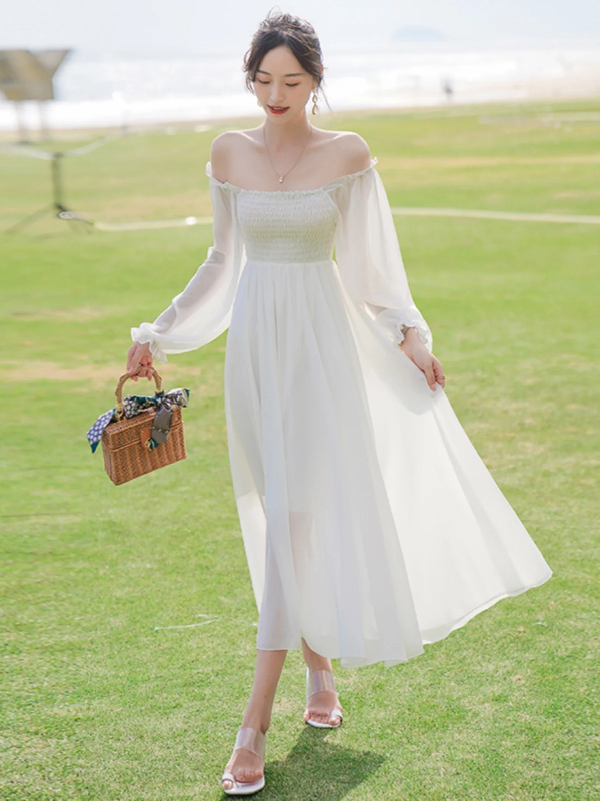 엘레 여름 비치 바캉스 롱 스커트 울트라 페어리 티 포레스트 시스템 스퀘어 칼라 롱 실크 쉬폰 슬리밍 드레스