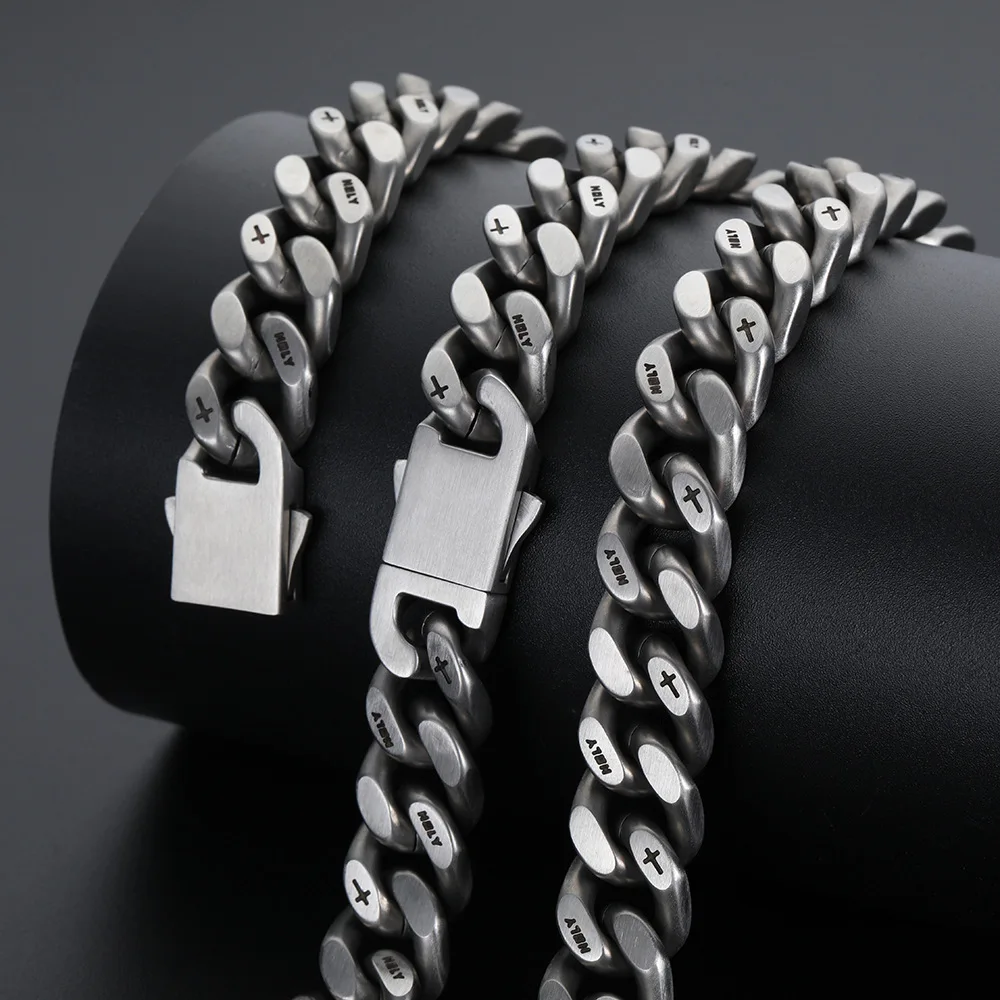 12mm Heavy Matte Brush Men Women Curb Cuban Chain Necklace Vintage Stainless Steel Punk Hiphop Bike Biker Cross Choker Jewelry