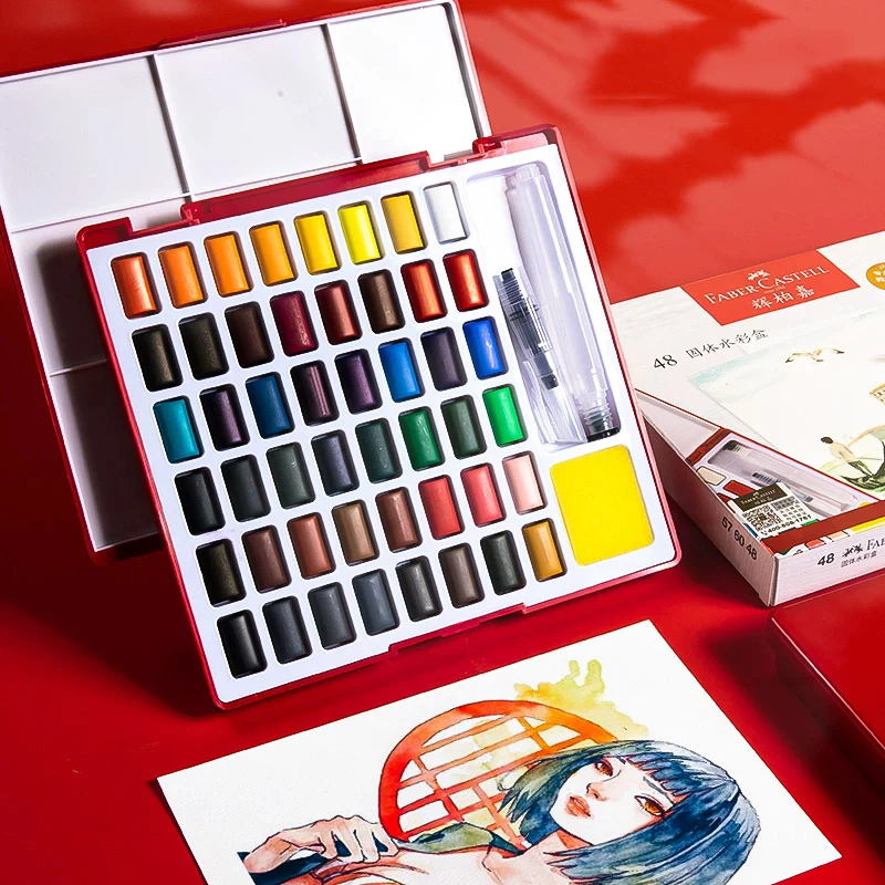 24/36/48 Colors Faber Castell Solid Watercolor Paint Set Portable Painting Palette With Water Brush Pens For Artist Beginners