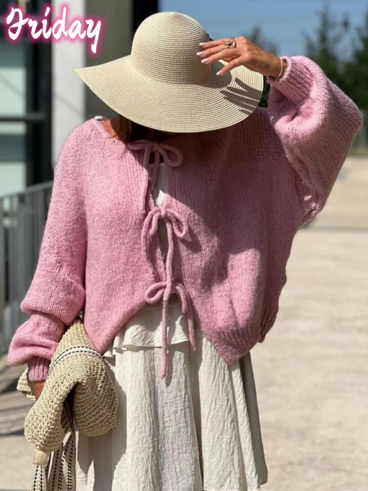 Cárdigan con lazo frontal para mujer, suéteres de punto grueso de gran tamaño, cárdigan de manga larga con frente abierto, prendas de punto holgadas, Tops con lazo