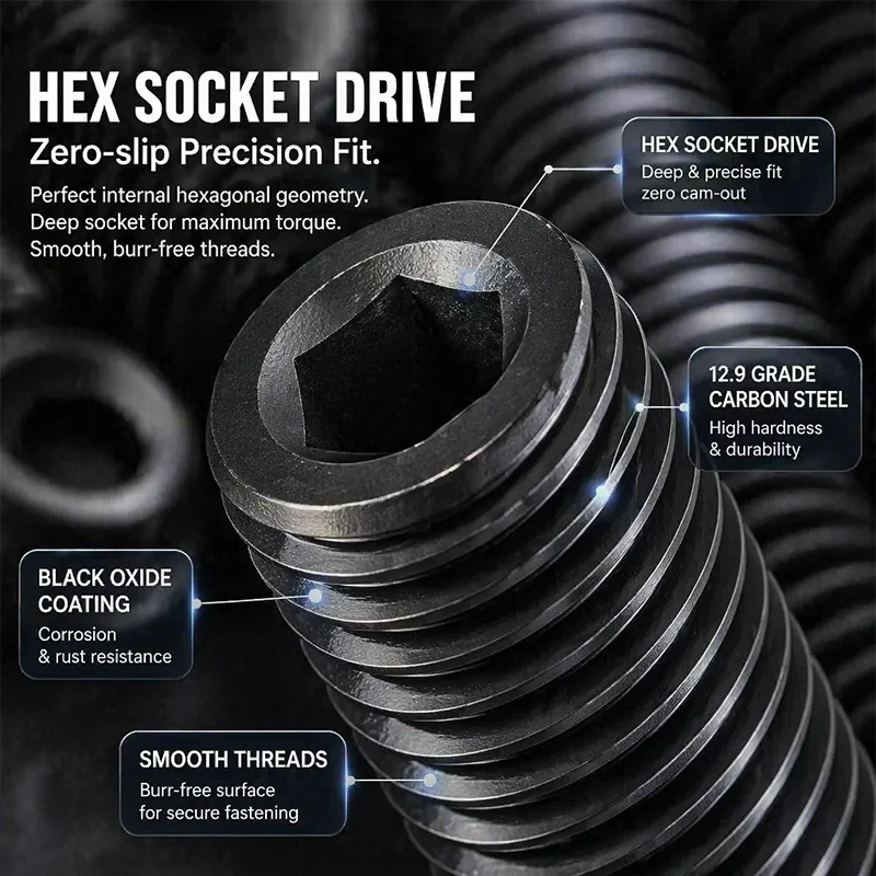 DIN916 Hexagon Socket Cup Point Grub Screws,M2 M2.5 M3 M4 M5 M6 M8,Grade 12.9 Carbon Steel Set Screws