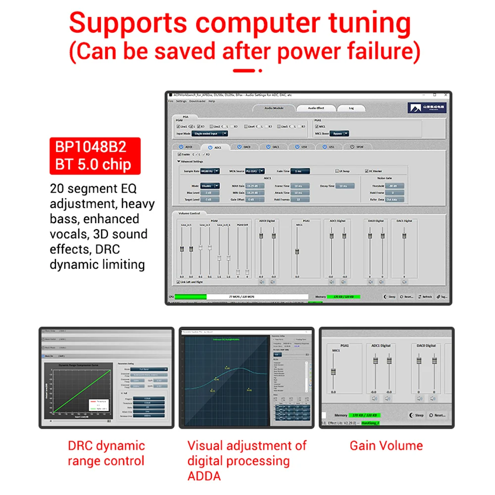 ZK-DAM-K1 DC 5V 3A Preamp DSP Tuner Module Bluetooth USB Flash Drive Sound Card Coaxial TF Decoder Board TYPE-C Interface