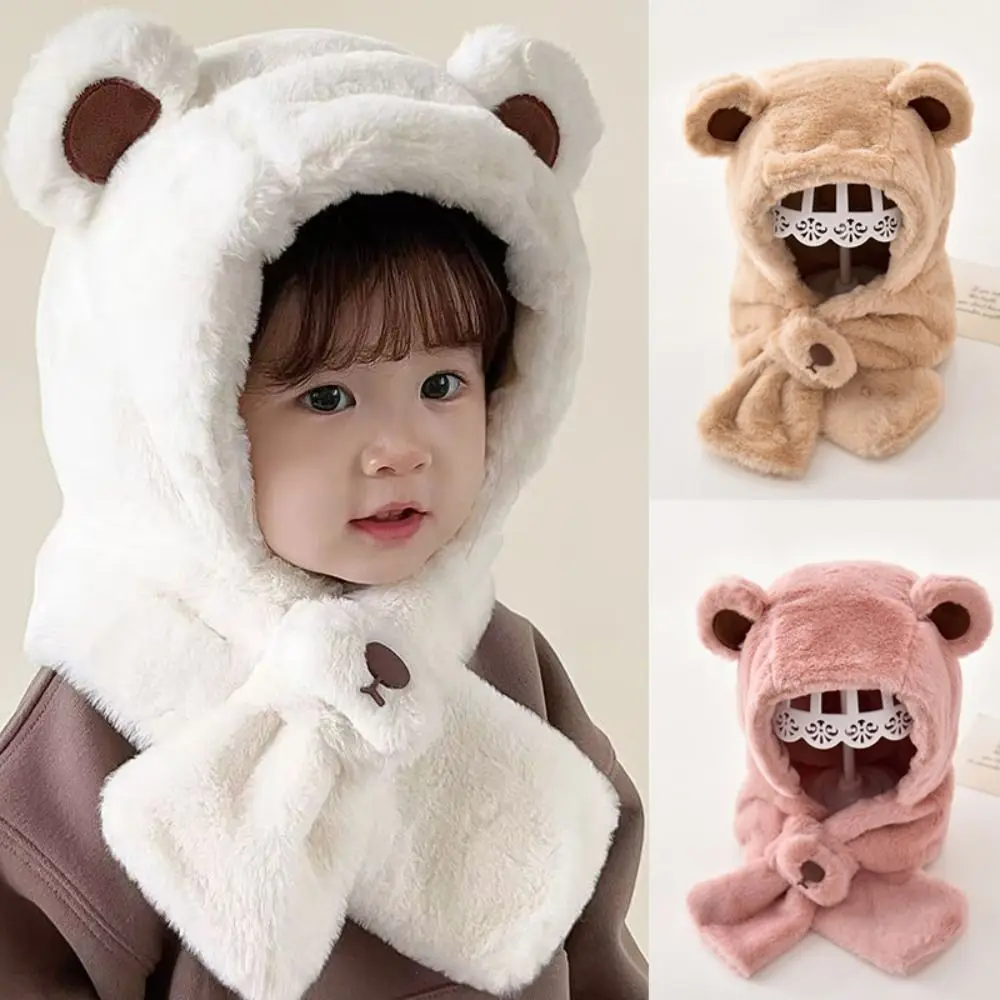 Cute Hat Scarf One-Piece Winter Baby Hat Windproof Plush Kids Hat Hooded Scarf Thick Warm Neck Protection Infant Beanies Cap