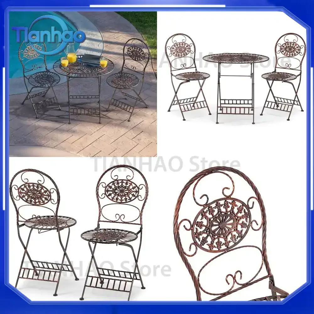 Rustic Iron Folding Table and Chairs Set for Outdoor Balcony Patio Coffee Dining with Carved Design 3 Piece Set