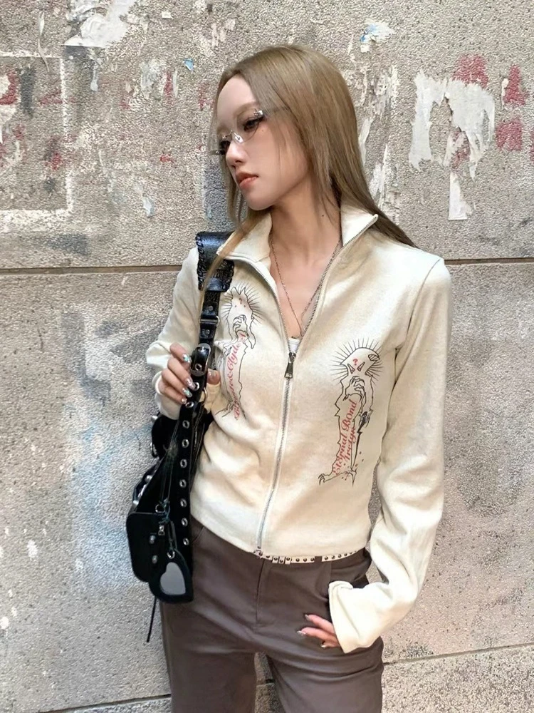 2024 Spring Knitted Top Women Turn Down Collar Zipper Vintage Jacket Y2k Aesthetic Casual Cardigan Femme Harajuku  Mujer