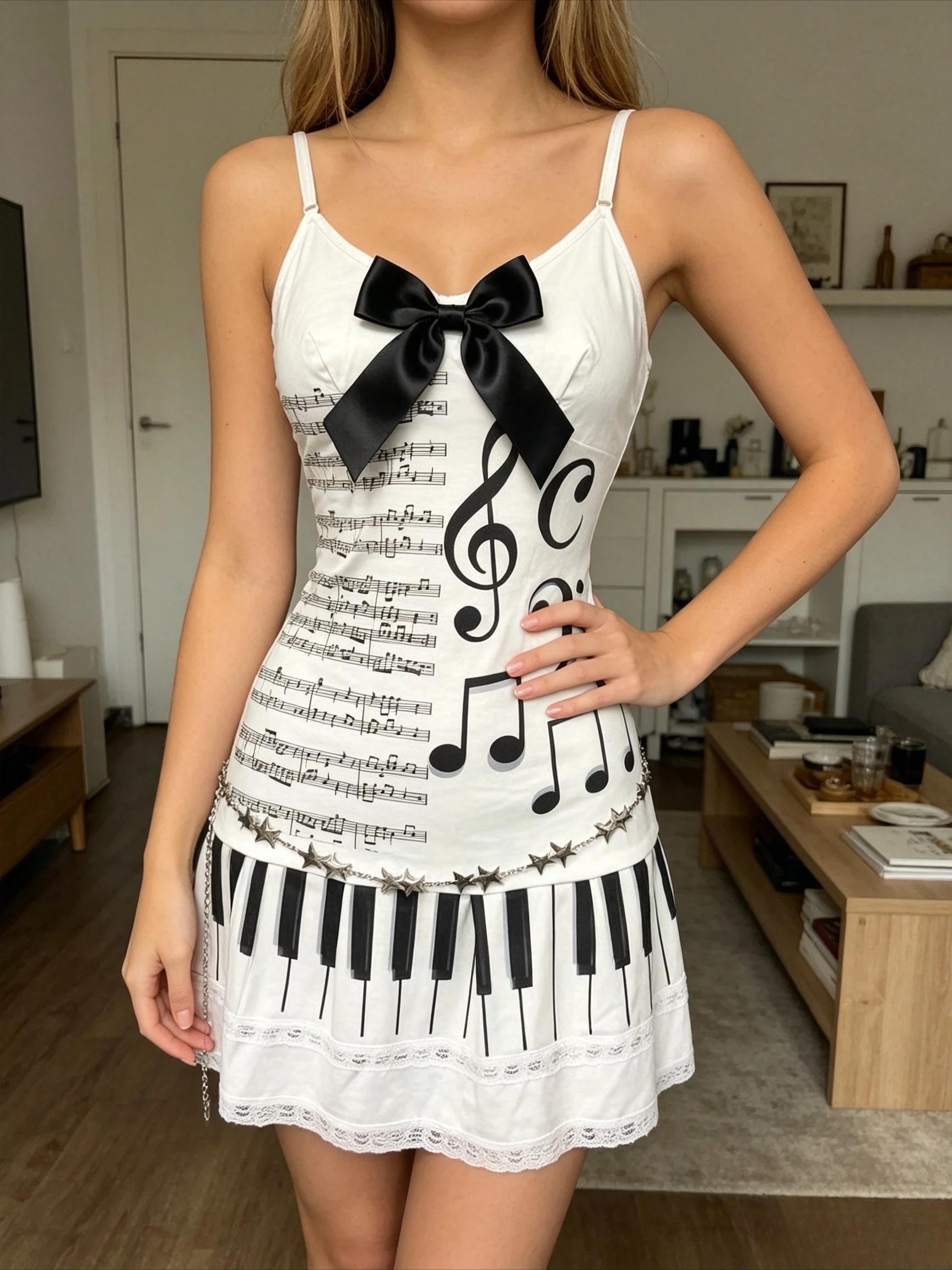 Slim Sleeveless Cami Dress Music Sheet Note Graphic Print Front Bow Piano Key Pattern Hem Lace Ruffle Star Casual Mini Dress