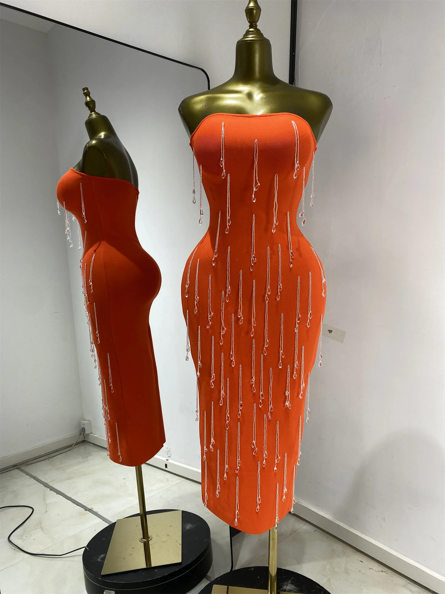 orange strapless bandage dress Luxury New Design Orange Bandage Dress Strapless Beading Tassel Bodycon  Long Celebrity Evening Club Party Cocktail Dresses