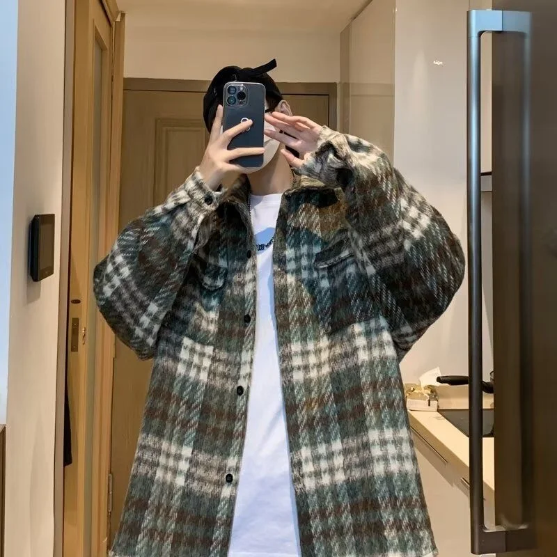 

Men's Lazy Sle Korean Faion Versatile Loose Plaid Woolen Jaet Top Spring Autumn Salt System Outerwear Long Sve Coat