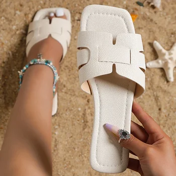 여성용 여름 플랫 슬리퍼, 럭셔리 야외 해변 쪼리, 여성 샌들 트렌드 브랜드 디자인 슬라이드 신발, 2024 신상 