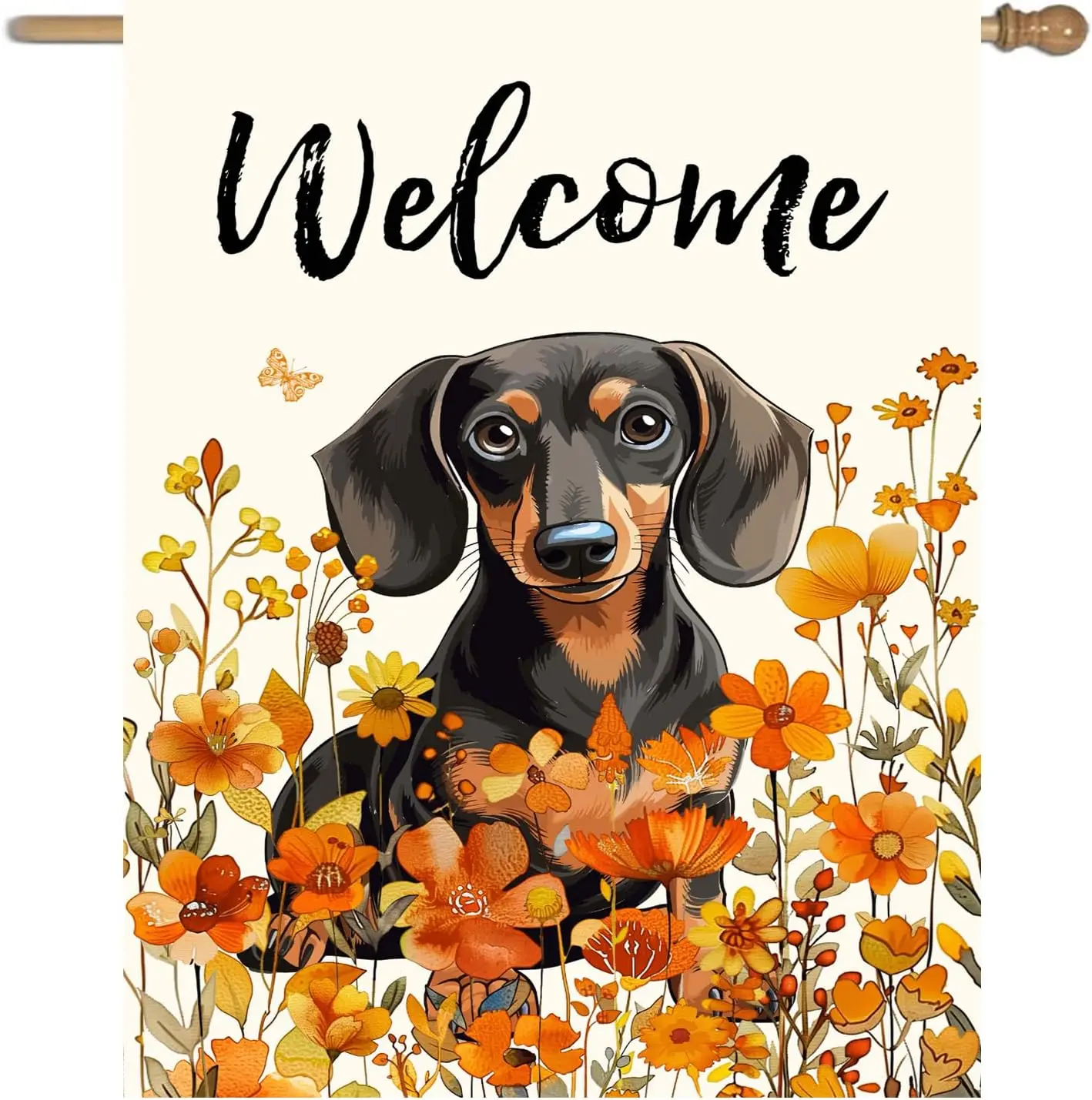 Floral Dachshund Garden Flag Large Fall House Flag 28x40 Double Sided Orange Wildflower Dog Yard Flags for Outside Autumn Lawn F