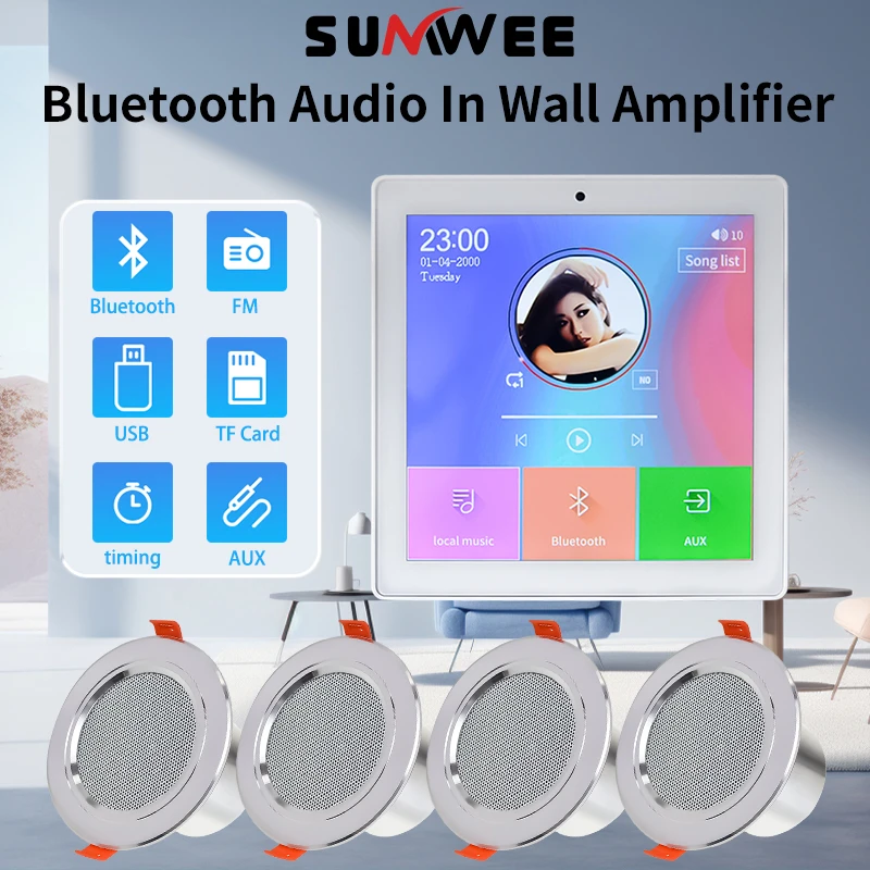 4 inch touch screen mini home audio in wall amplifier bluetooths music player Stereo sound panle system ceiling speaker FM radio