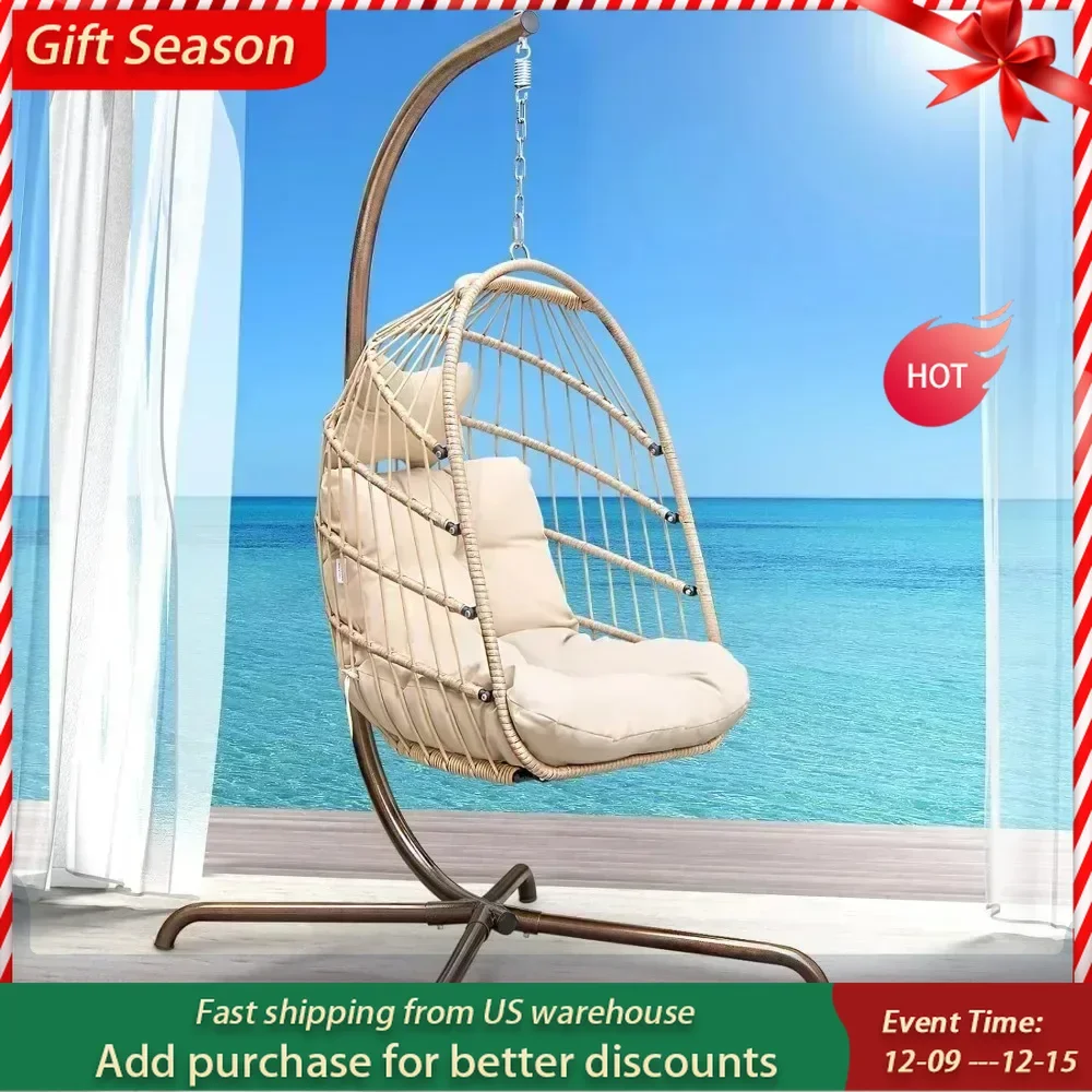 Egg Chair,with Stand Outdoor Swinging Egg Chair with Water Resistant Cushions PE Rattan Wicker Egg Chair Foldable Basket