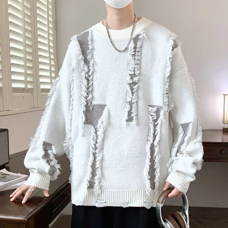 

Fashion Frayed Hole Sweaters Autumn Winter Korean Solid Color Spliced Men's Clothing Casual Loose Round Neck Knitted Pullovers