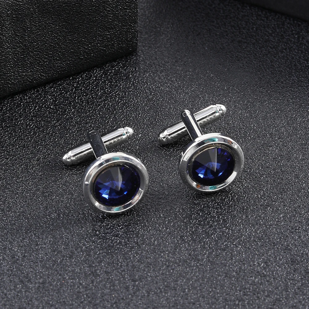 Wholesale 1 Pair Trendy Round Sturdy Blue Rhinestone Sleeve Button Men Cufflinks Boys Shirt Fashion Accessories Festival Gift