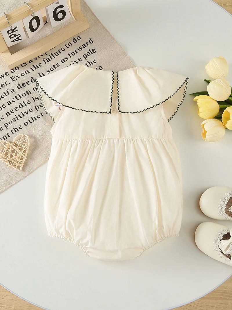2026 Summer New Infant Bodysuit 3-18M Baby Sweet Love Large Lapel Jumpsuit Toddler Loose Korean Girls One Piece