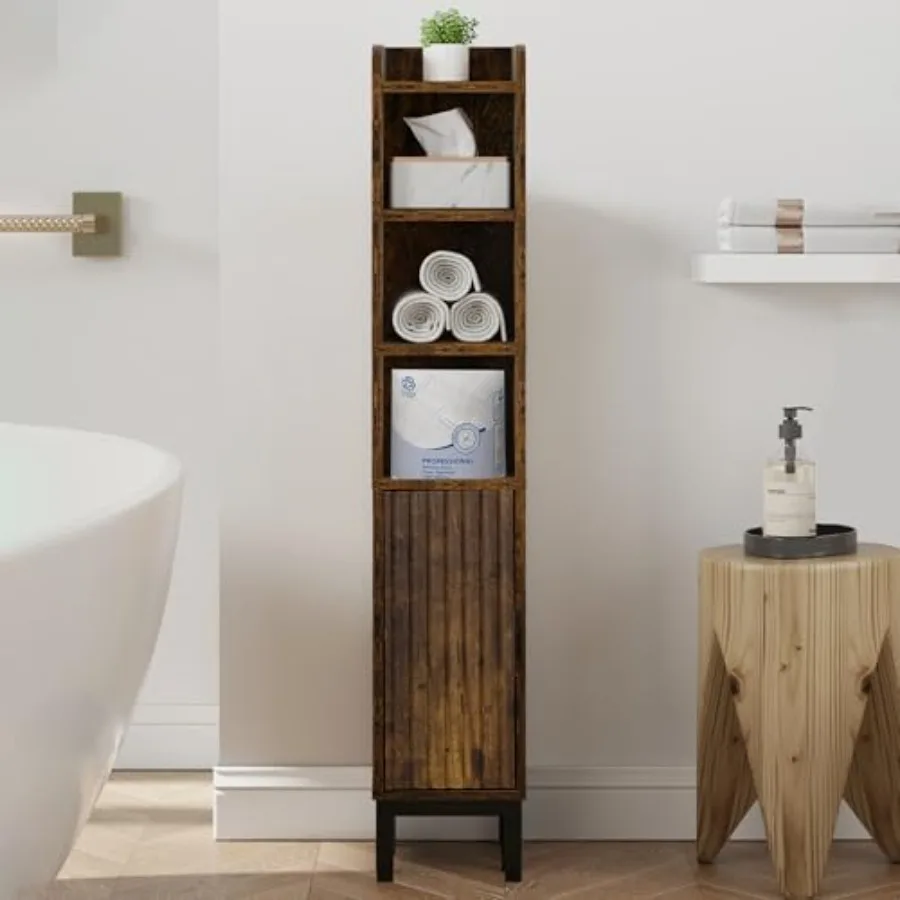 

Narrow Bathroom Storage Cabinet Corner Toilet Paper Floor Cabinet 5 Tiers with Door and Shelves Bathroom Organizer with Adjusta