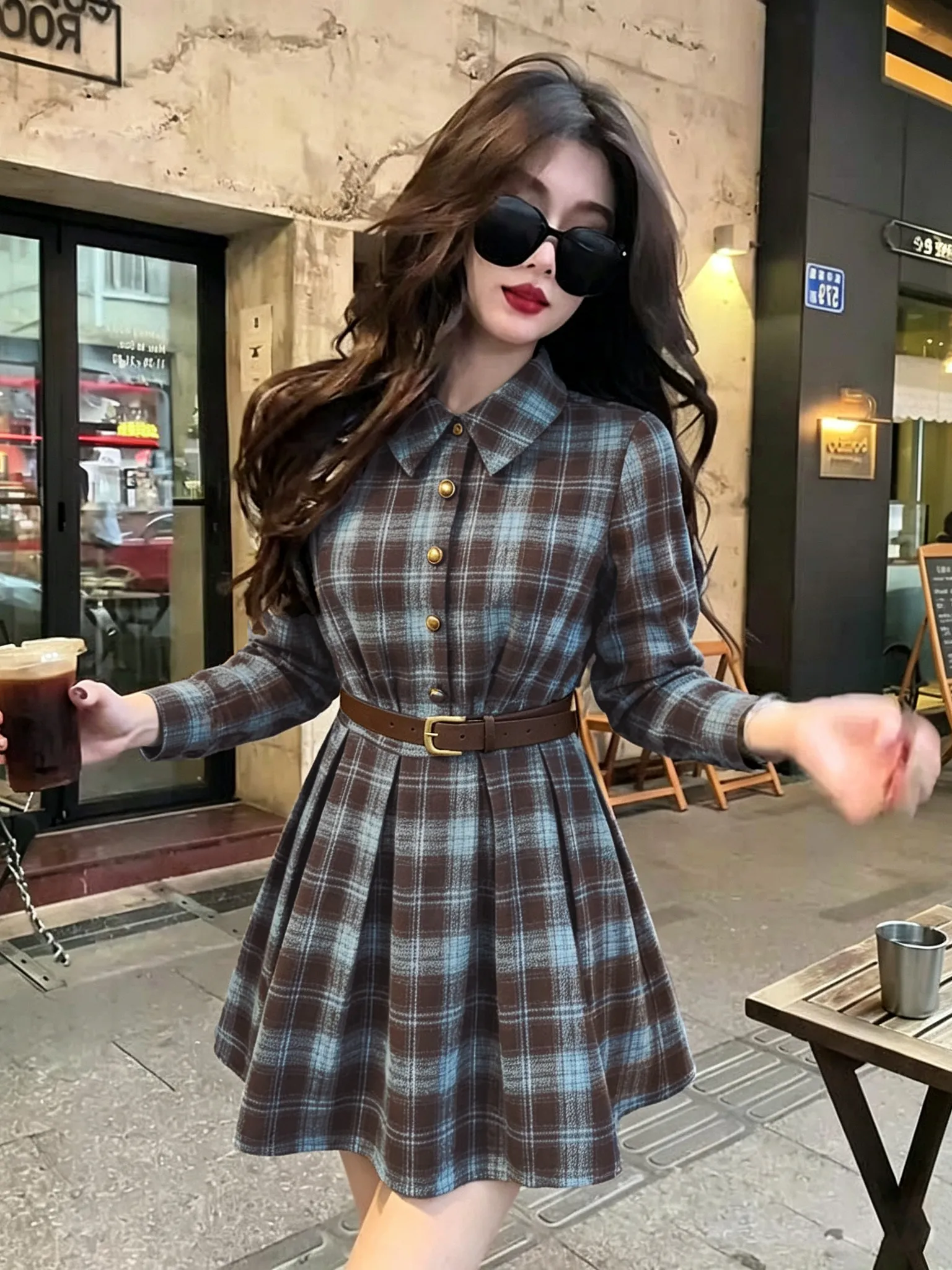 Date Night Plaid Shirt And Belt Two-Piece Set Korean Style Autumn Design Sense Top And Skirt Ensemble Long Sleeve Turn-down C...