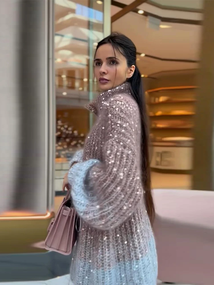 

Women Fashion Gradual Sequin Knit Cardigan Elegant Loose Lantern Sleeves Zipper Sweater Autumn Winter Female Knitwear Tops